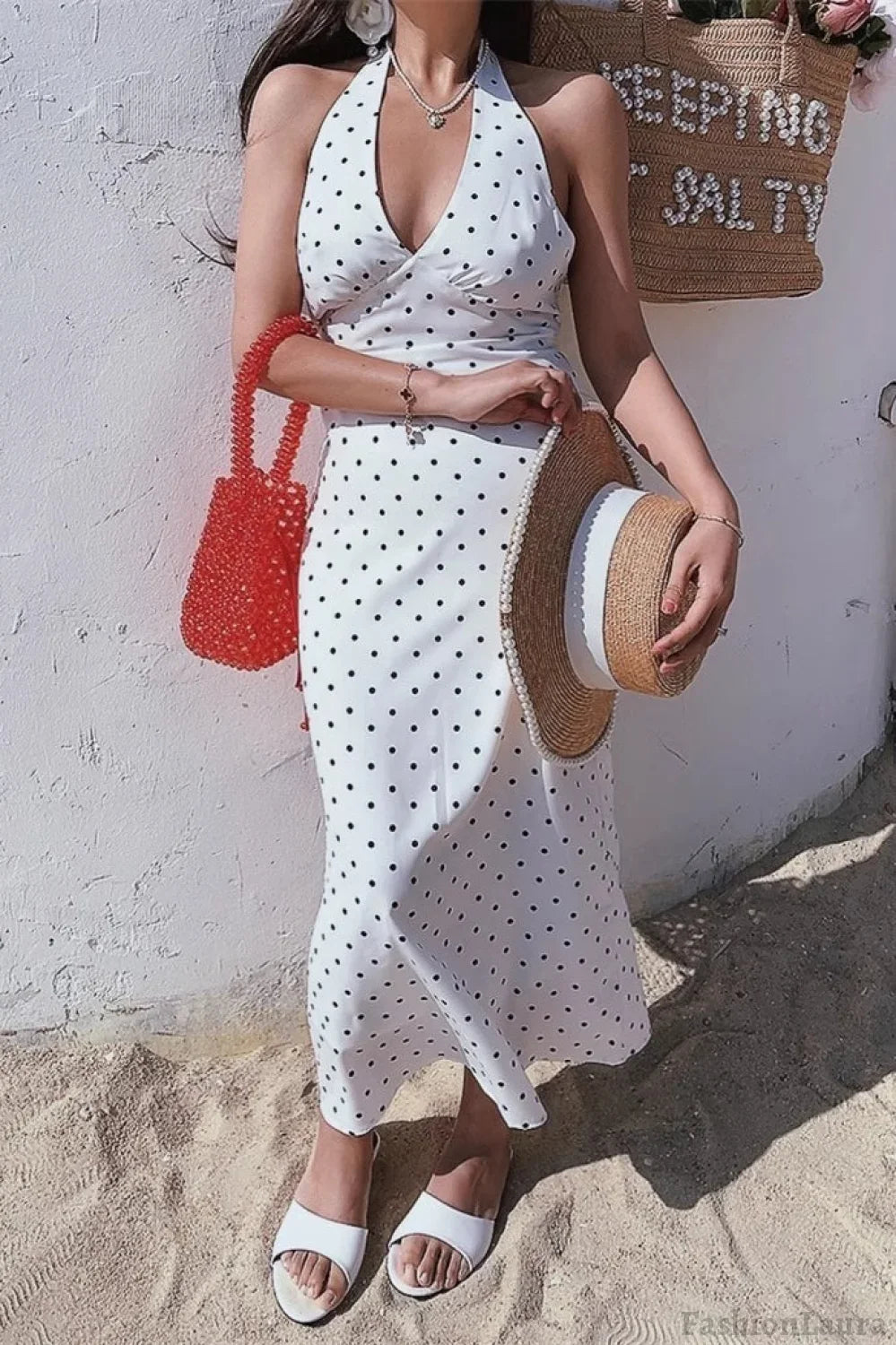 White Polka Dot Halter V-Neck Maxi Dress