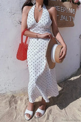 White Polka Dot Halter V-Neck Maxi Dress