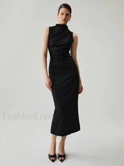 Mock Neck Sleeveless Trendy Split Ruched Long Dress
