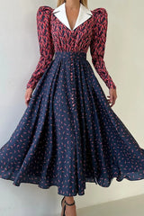 Contrast Collar Long Sleeve A Line Floral Dress