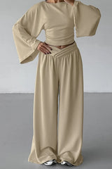 Casual Cinched Waist Flared Sleeve Top Palazzo Pants Set