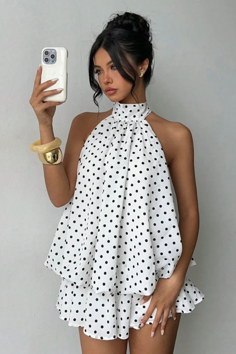 Polka Dot Halter Backless Lace-Up Flared Mini Dress
