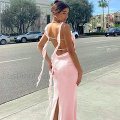 Ribbon Backless Split Maxi Dress
