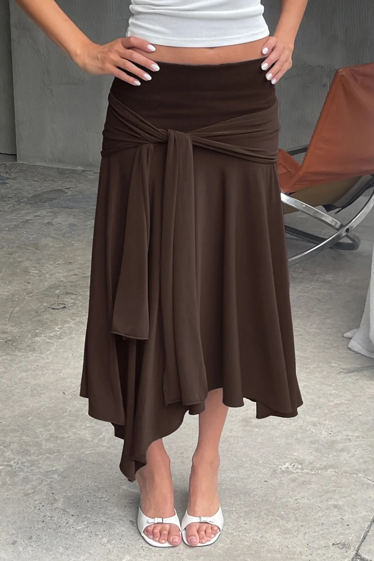 High Waist Tie Detail Asymmetric Skirt