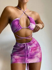 Tie Dye Hollow Pleated Three Piece Set