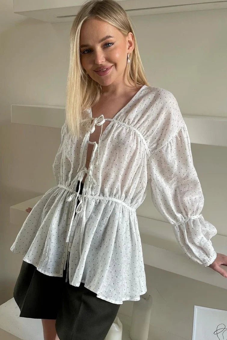 Loose Fit V-Neck Tie Long Sleeve Crop Top