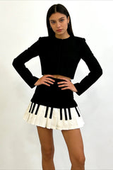Retro Black White Piano Pleated High Waist Slim Skirt