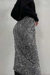 Sequin High Waist Slit Bodycon Midi Skirt