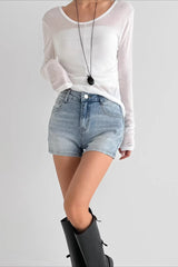 Blue High Waist Washed Minimalist Denim Shorts