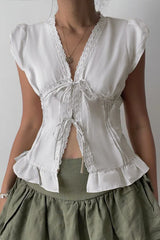 Lace Paneled Ruched Puff Sleeve Tie Blouse