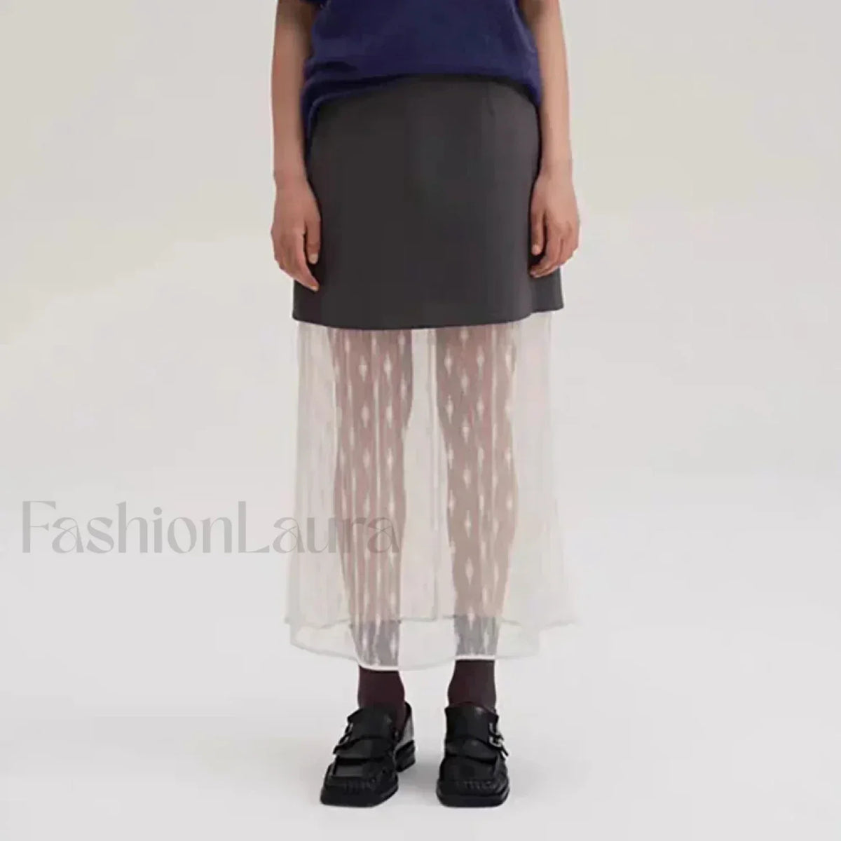 Lace Spliced Pleated Zipper Skirt