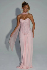 Ribbon Strapless Corset Maxi Evening Prom Dress