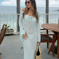 Knitted Long Sleeve V Neck Tie Up Cover Up