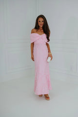 Jacquard Off Shoulder Dress-Pink