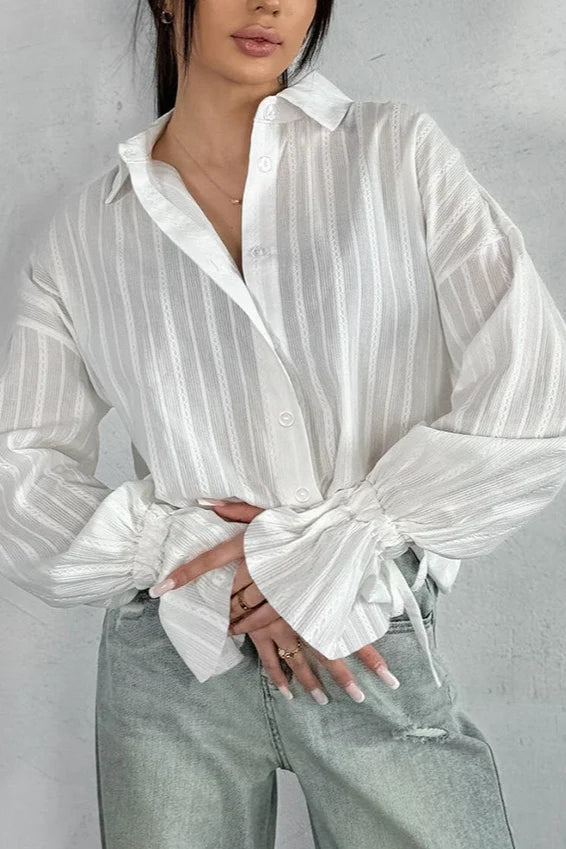 Flare Sleeve Jacquard Tie Blouse