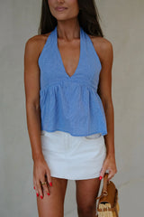 Halter Flare Gingham Top-White/Blue