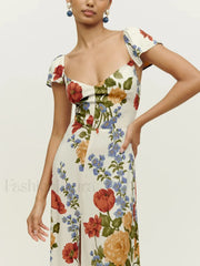 Short-Sleeve Slit Floral Dress