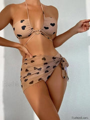 Heart Print Wrap Bikini Three Piece Set