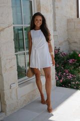 Boat Neck Side Tie Mini Dress-White