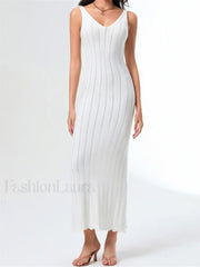 V Neck Strap Backless Knitted Maxi Dress