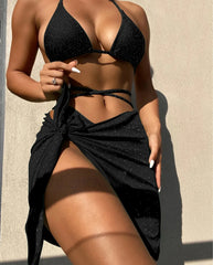 Glitter Wrap Sarong Bikini Three Piece Set