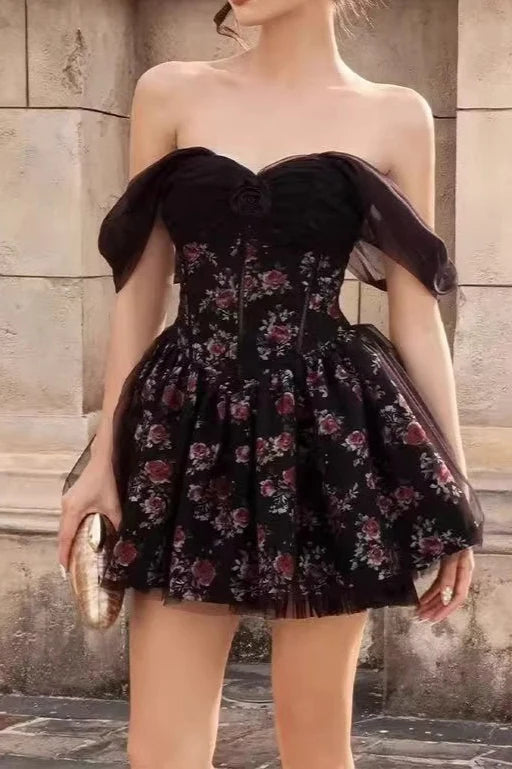 Off Shoulder Mesh Bubble Sleeve Mini Floral Dress