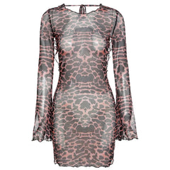 Chic Sexy Backless Leopard Print Summer Women's 2024 New Full Flare Sleeve Skinny Hip Wrap Mini Dress