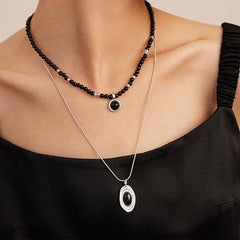 Long Black Agate Bead Statement Necklace
