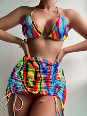 Contrast Shirring Backless Three Piece Set