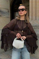 Flared Sleeve Chiffon Ruffle Detail Blouse