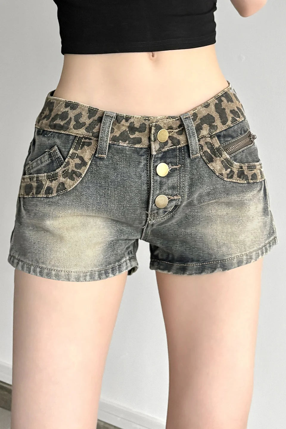Vintage Leopard Patchwork Low Rise Denim Shorts