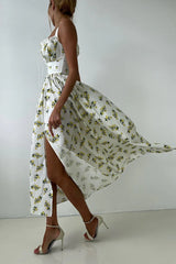 Low Neck Strap High Waist Slit Floral Dress