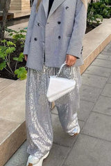 Sequin Color Block Slim Loose Pants