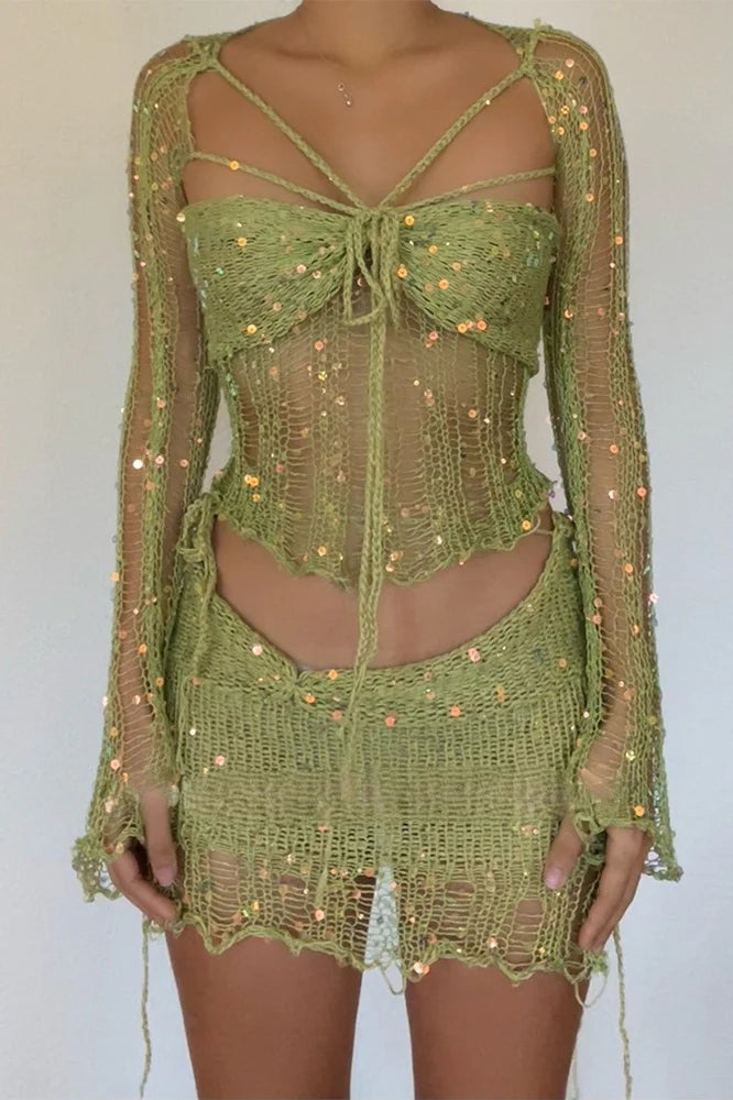 Sequin Knit Cutout Sweater Three Piece Skirt Set