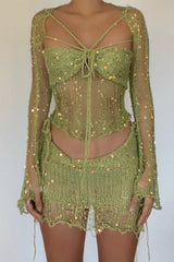 Sequin Knit Cutout Sweater Three Piece Skirt Set