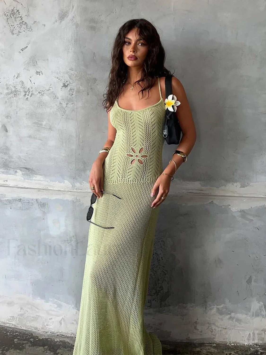 Strap Knitted Floral Cut Out Backless Slim Cover Up