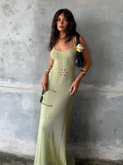 Strap Knitted Floral Cut Out Backless Slim Cover Up