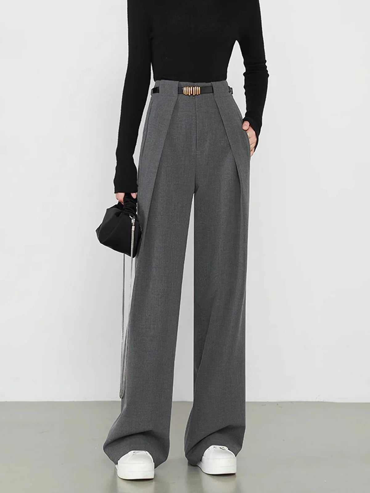 Middle Waist Solid Trendy Pocket Straight Leg Pants