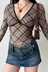 Deep V Neck Plaid Bodycon Cropped Long Sleeve Tee