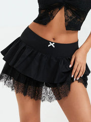 Goth Black Bow Trim A-line Skirt