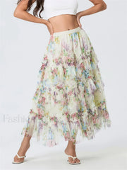 Floral Mesh Tutu Flowy Long Skirt