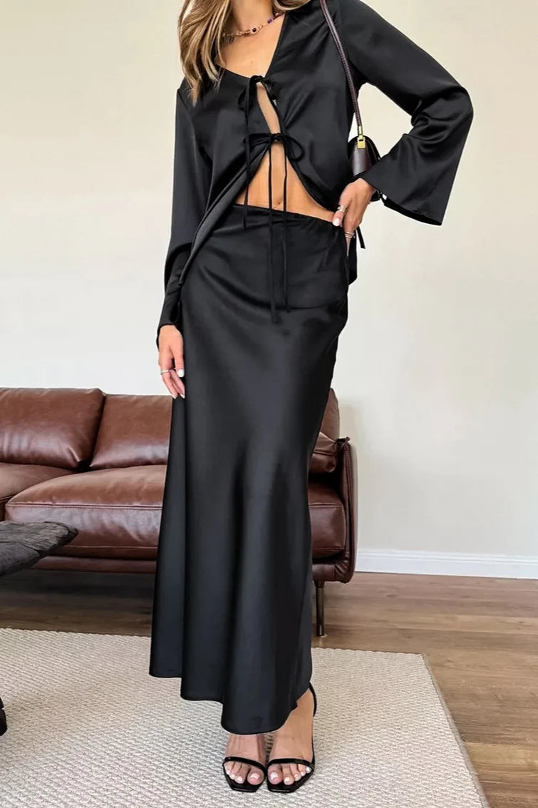 V Neck Tie Front Satin Top Maxi Skirt Set