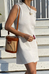 Ivory Knitted One Shoulder Loose Fit Mini Dress