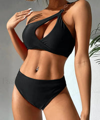 Solid One Shoulder Hollow Push Up Bikini Set