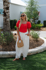 Clara Scalloped Lace Trim Top-Red