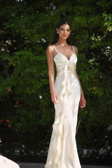 Floral Ribbon Satin Slim Fit Strappy Maxi Dress