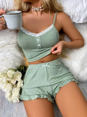 Lace Button Patchwork Top Ruffle Shorts Two Piece Set