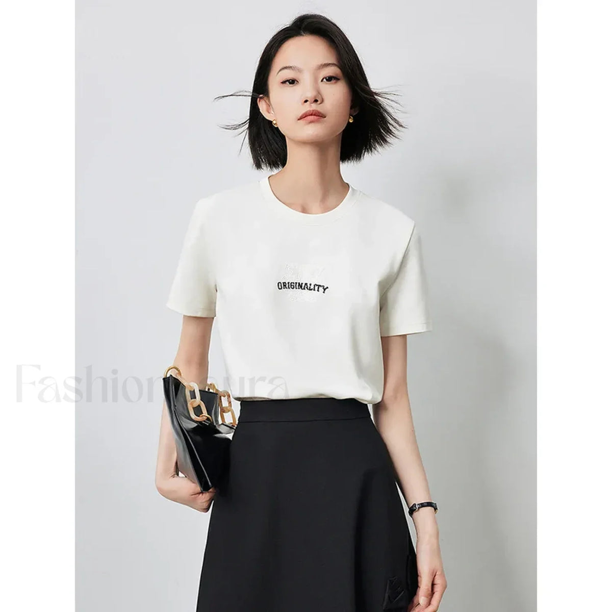 Letter Bead Embroidery Round Neck T-Shirt