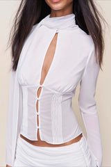 Chic Button Hollow Out Tie Front Slim Blouse