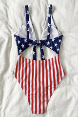 US Flag Cutout Tie Cross One Piece Swimwear